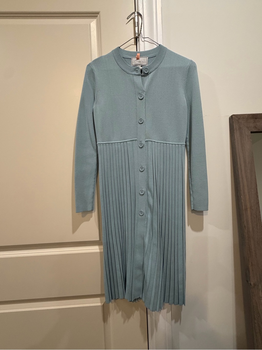 Pleated Mid-Length Button Cardigan in Soft Blue